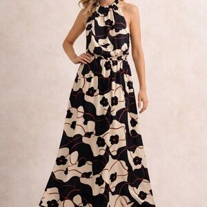 Jessica Simpson Cream Maxi Dress with Black Floral Print and Red Accents